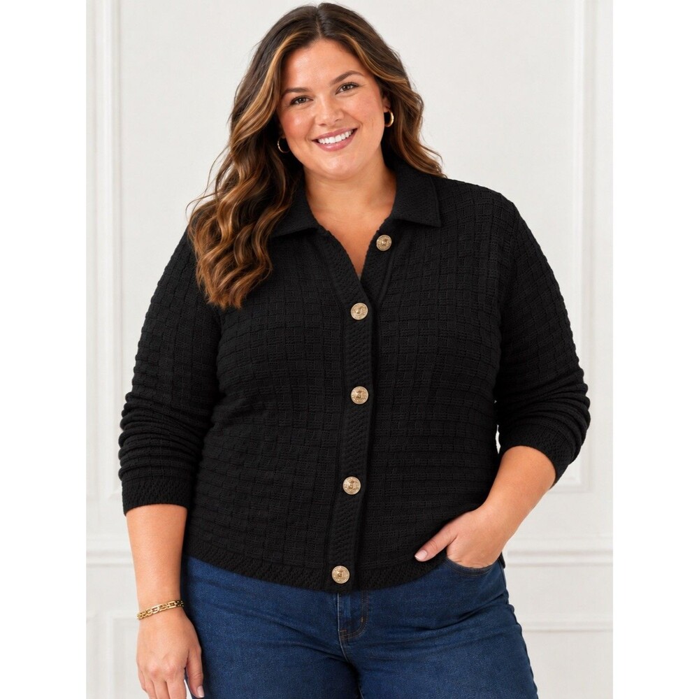 NWT Talbots Black Textured Knit 100% Cotton Polo Button Cardigan Sweater 2X